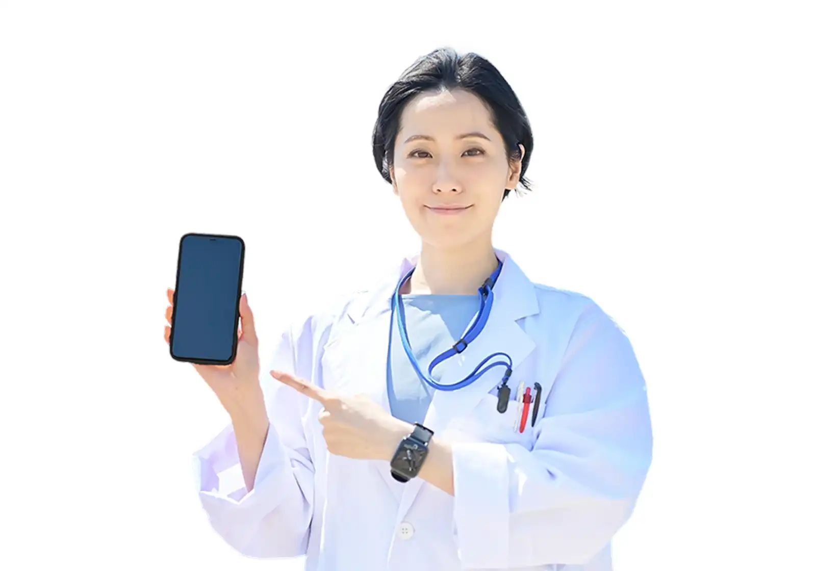 リハビリアプリの入ったスマートフォンを持つ女性リハビリ職員の画像